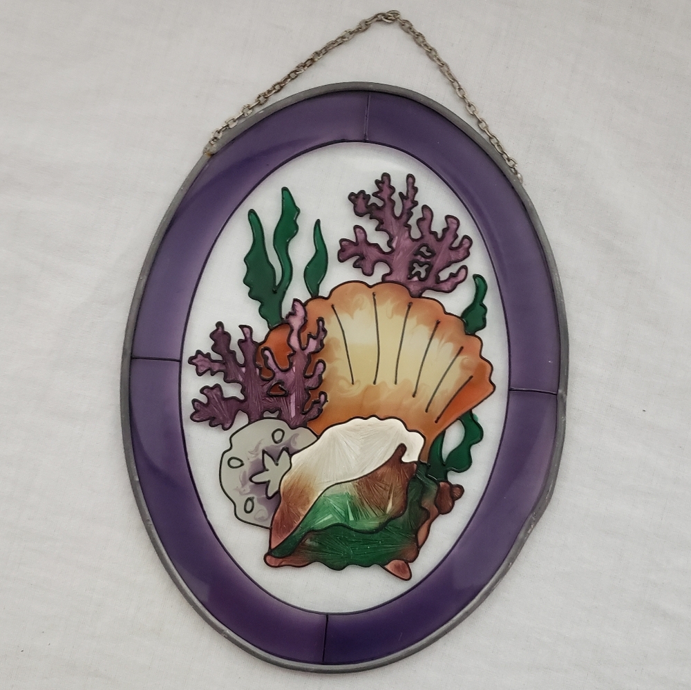 Vintage Reef Shells Coral Stained Glass Art Suncatcher 7 x 5.5 Inches